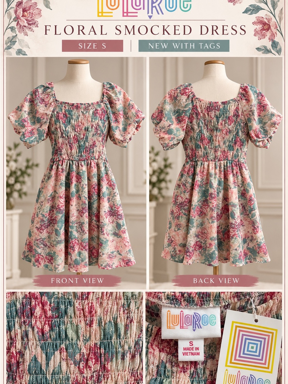 LuLaRoe Floral Smocked Dress in Pink & Teal